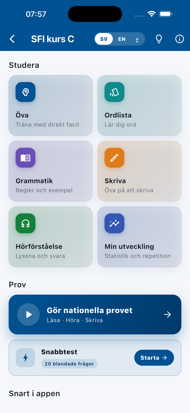 SFI Prov: kursöversikt med öva, grammatik, skriva och hörförståelse