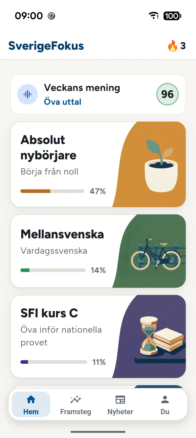 SFI Prov: startsidan med nivåerna Absolut nybörjare, Mellansvenska och SFI kurs C