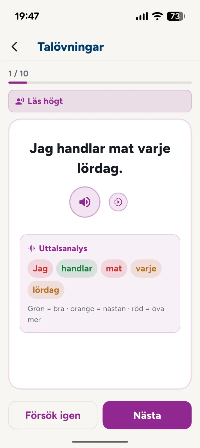 SFI Prov: uttalsövning där AI visar vilka ord du uttalar bra och vilka du behöver öva mer på