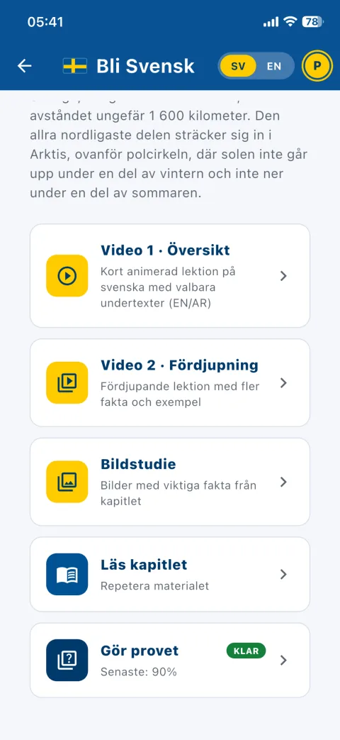 Ett kapitel i Bli Svensk: Video 1 Översikt, en kort animerad lektion på svenska med valbara undertexter på engelska och arabiska, Video 2 Fördjupning, Bildstudie, Läs kapitlet och Gör provet
