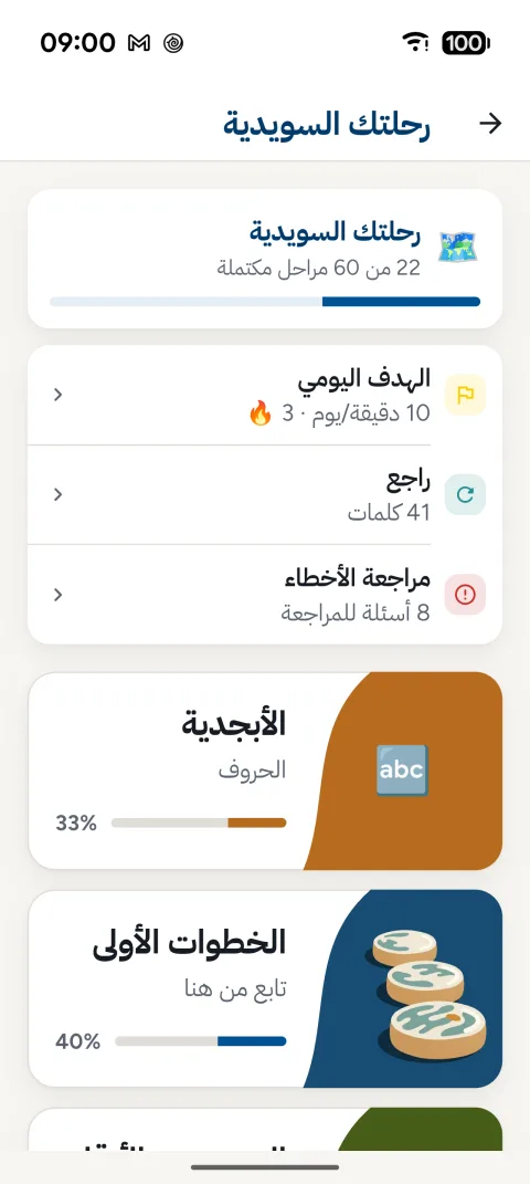 دورة المبتدئين في SFI Prov: رحلتك السويدية، 22 من 60 مرحلة مكتملة، مع الهدف اليومي ومراجعة 41 كلمة وفصلي الأبجدية والخطوات الأولى