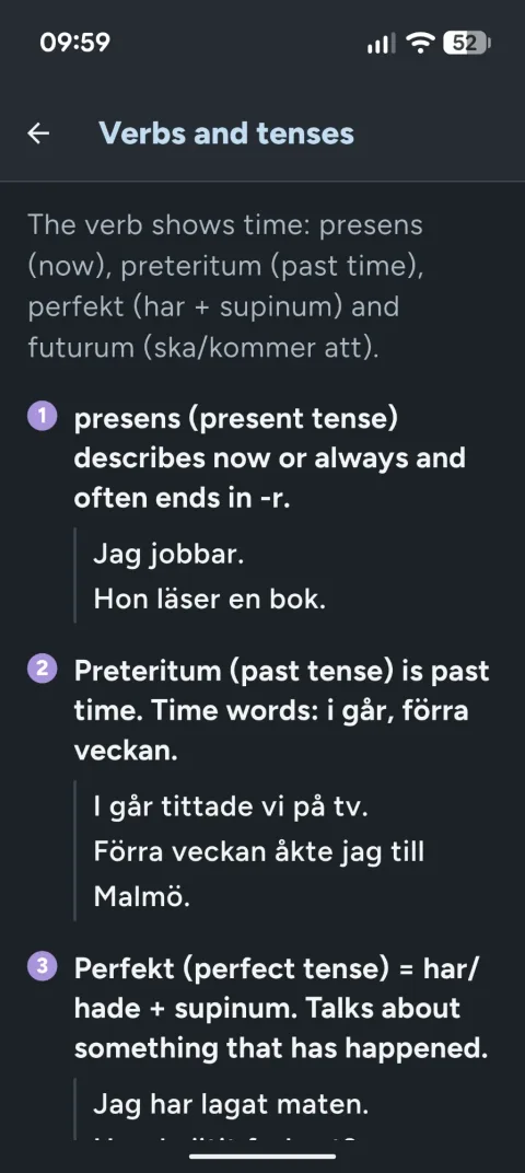 The rules for Verbs and tenses in SFI Prov: presens, preteritum and perfekt, each with Swedish example sentences