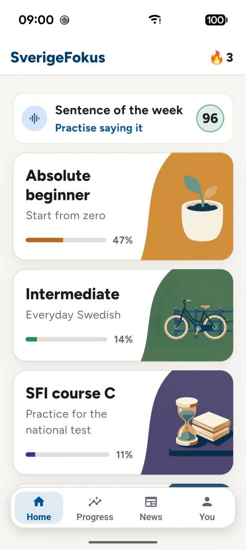 The SFI Prov home screen with the sentence of the week and the courses Absolute beginner, Intermediate and SFI course C