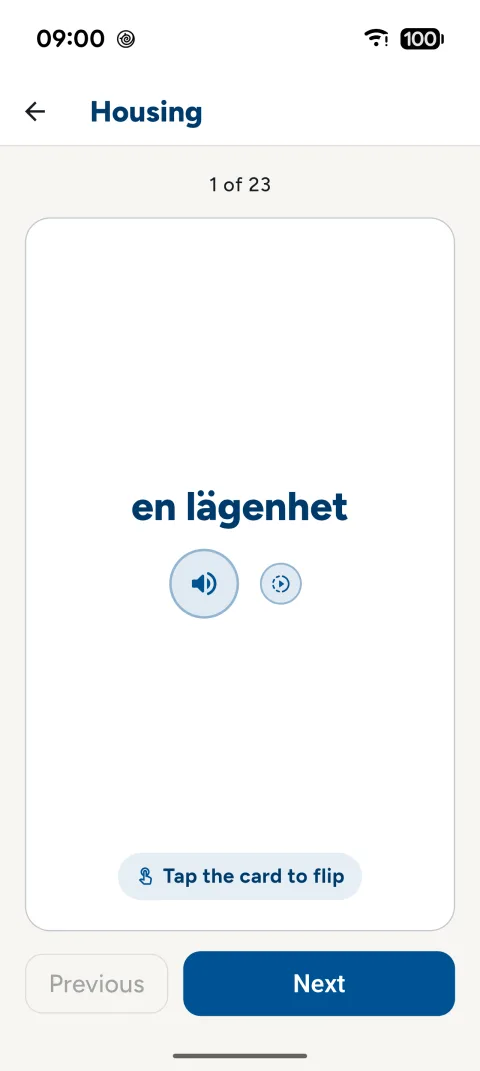 A word card in SFI Prov with the Swedish word en lägenhet (an apartment) in the theme Housing, with buttons for audio at normal and slow speed