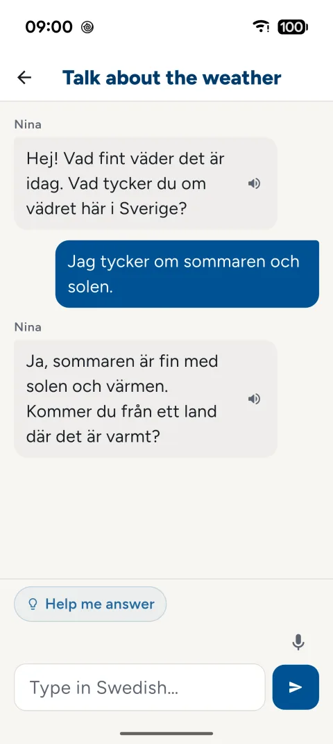 A conversation with AI in SFI Prov about the weather, with the Help me answer button that gives suggestions