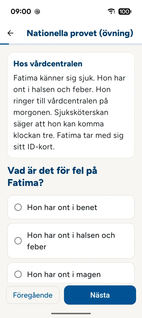 Övningsprov i SFI Prov: en text om vårdcentralen med en fråga och svarsalternativ