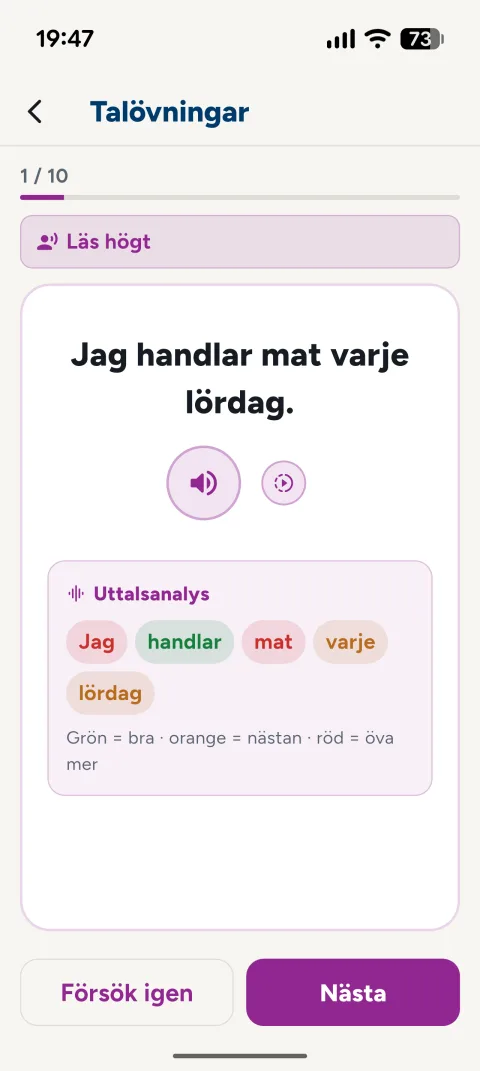 Uttalsanalys i SFI Prov: varje ord i meningen visas i grönt, orange eller rött