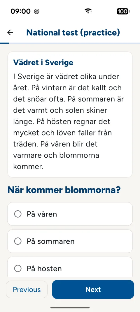 A practice test in SFI Prov: a text about the weather in Sweden with a question and answer options